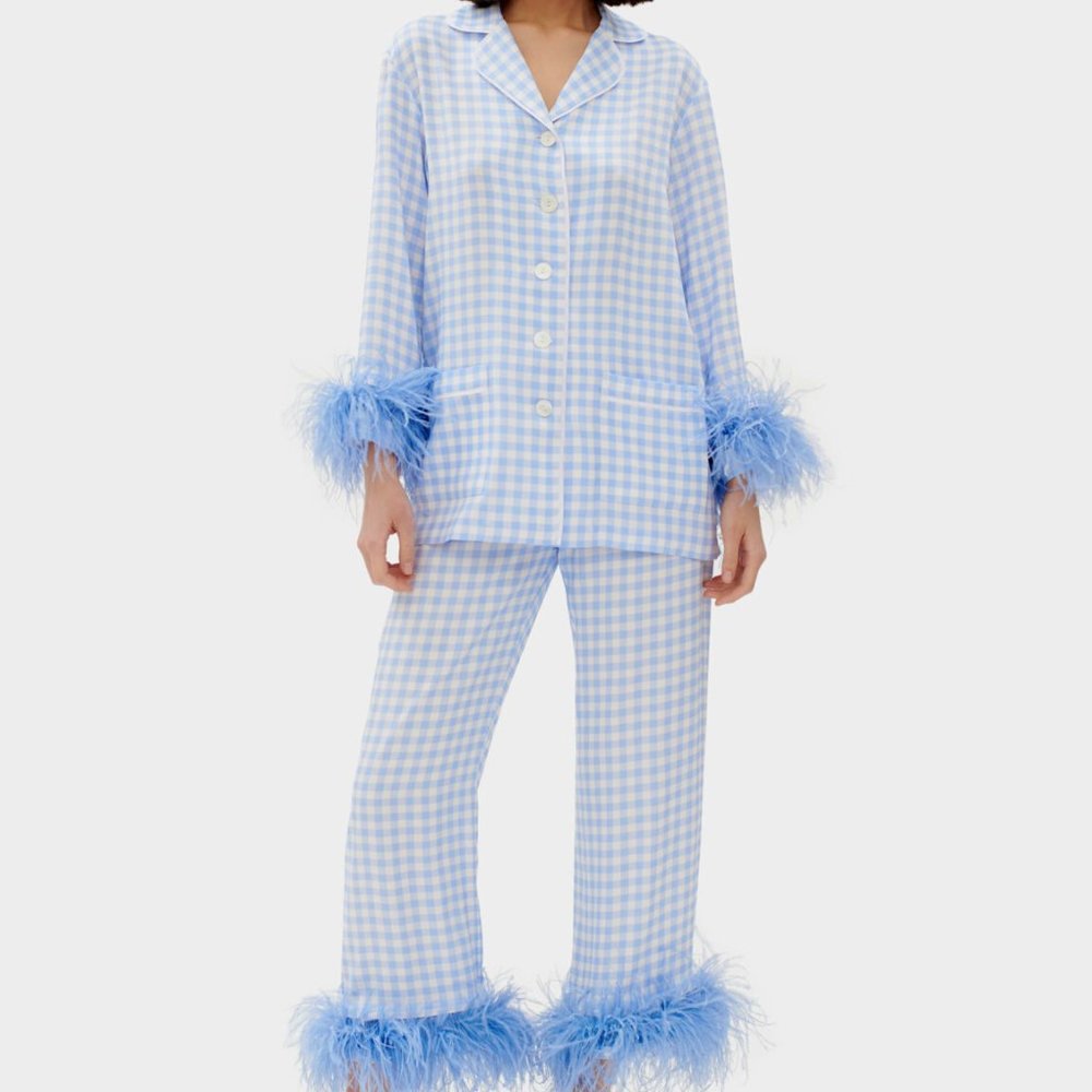 Sleeper Party Pajama with Detachable Feathers in Blue Vichy